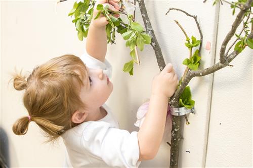 Toddler Putting Leaves on a Faux Tree